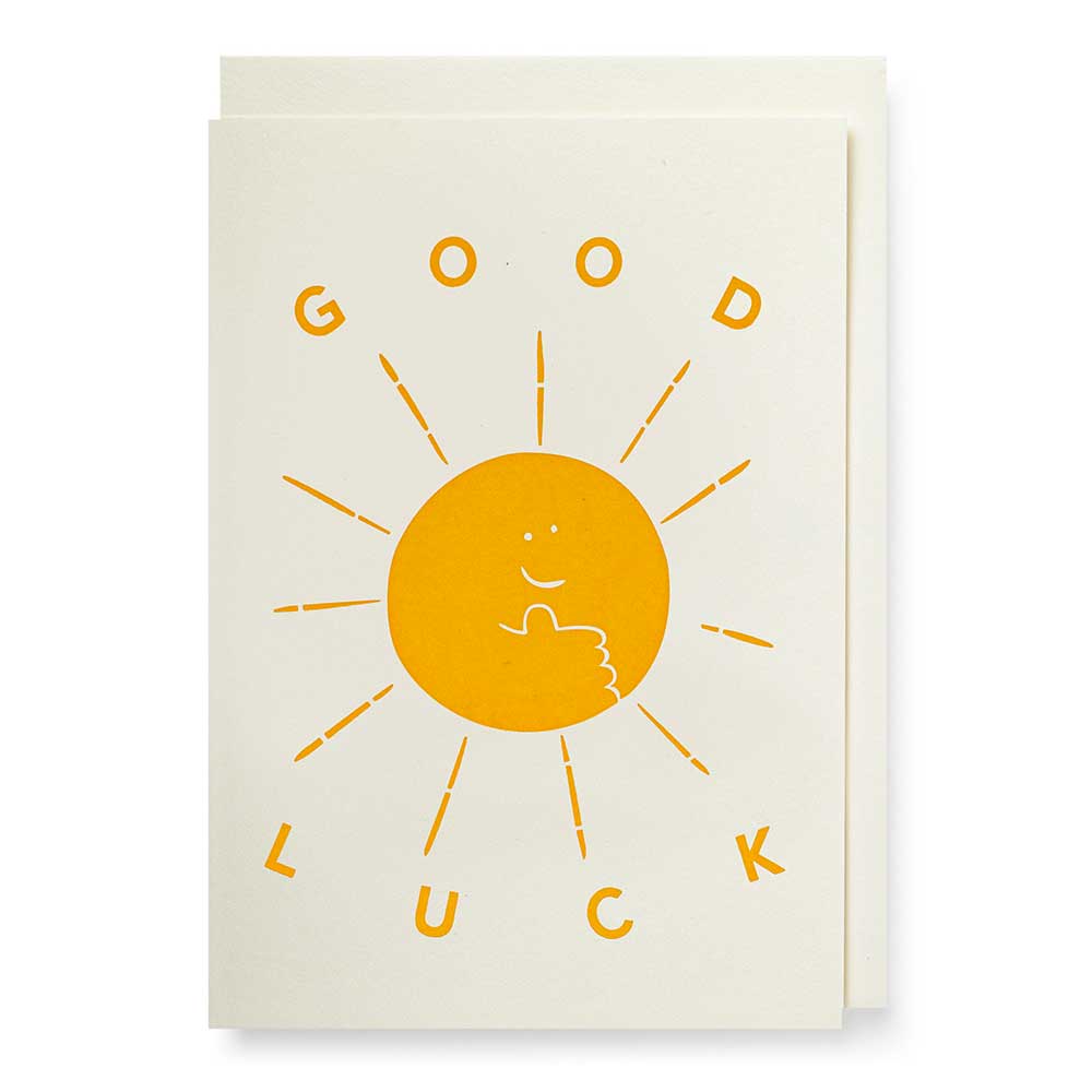 Cream letterpress mini card with an orange sun: Good luck
