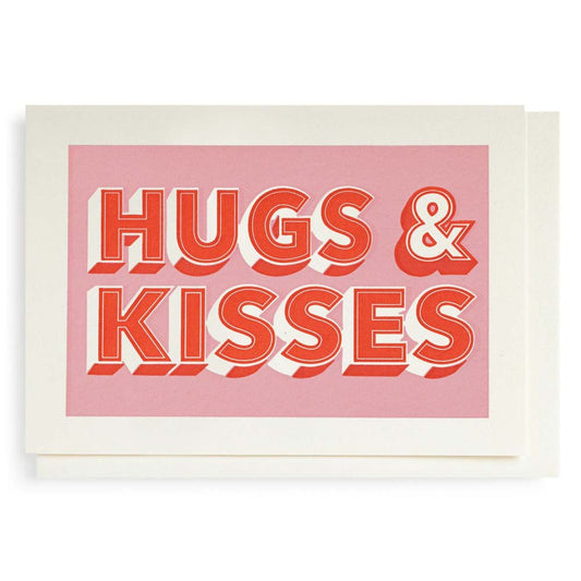 Pink mini card with bold red 3D lettering: Hugs & Kisses