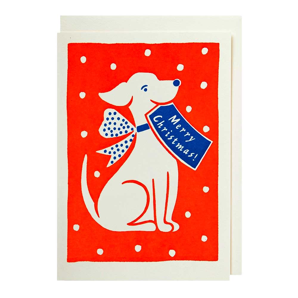 Archivist Christmas card: a white dog with a bow holding a 'Merry Christmas' sign, on red with white dots