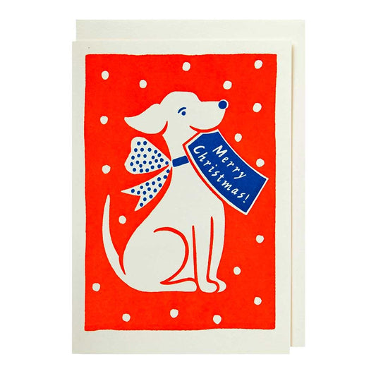 Archivist Christmas card: a white dog with a bow holding a 'Merry Christmas' sign, on red with white dots