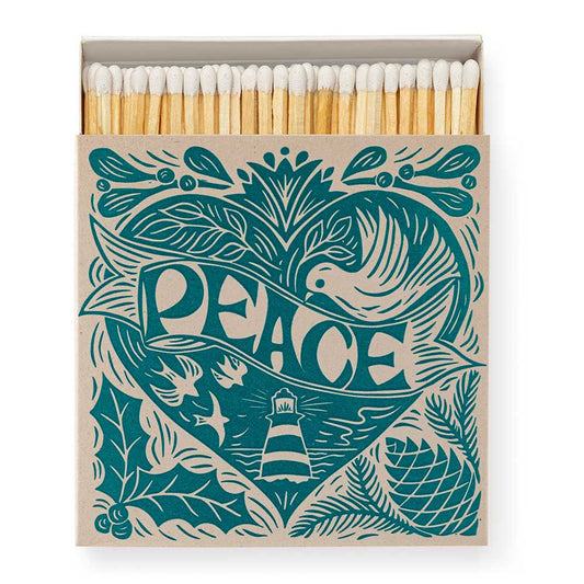 Archivist Peace matches: a large box printed in teal with a dove, lighthouse and 'Peace', open to show the matches