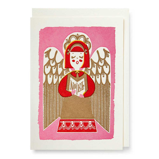 Archivist card: a gold-winged angel singing from a book on pink