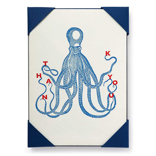 Archivist letterpress mini card: a blue octopus with 'Thank you' spelled along its tentacles