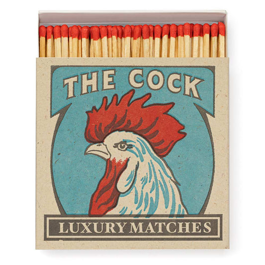 Archivist The Cock luxury matches: a red and white rooster on a pale blue box with red-tipped matches