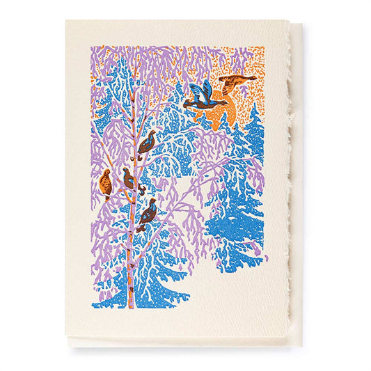 Archivist card: birds perched in snowy trees in blue, purple and orange