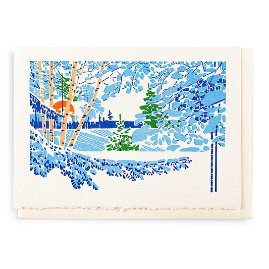 Archivist card: a snowy lakeside winter scene in blue with a low orange sun