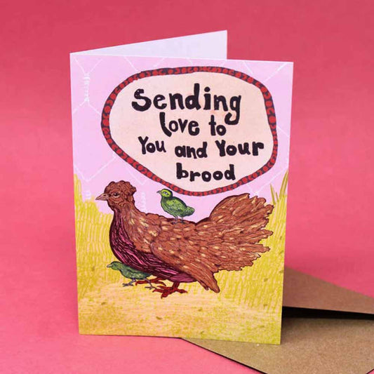 Card with a brown hen and a small green chick: Sending love to you and your brood