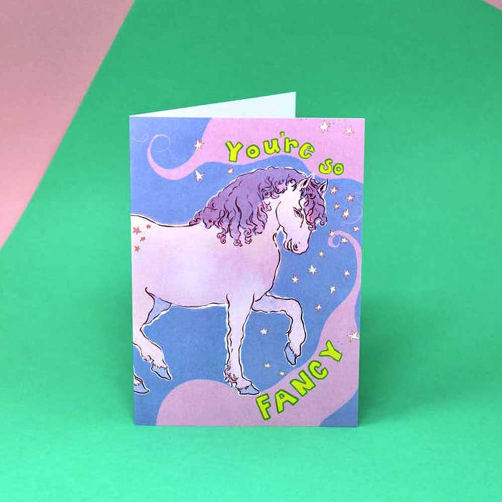 Card with a lilac unicorn on a starry blue sky: You're so fancy