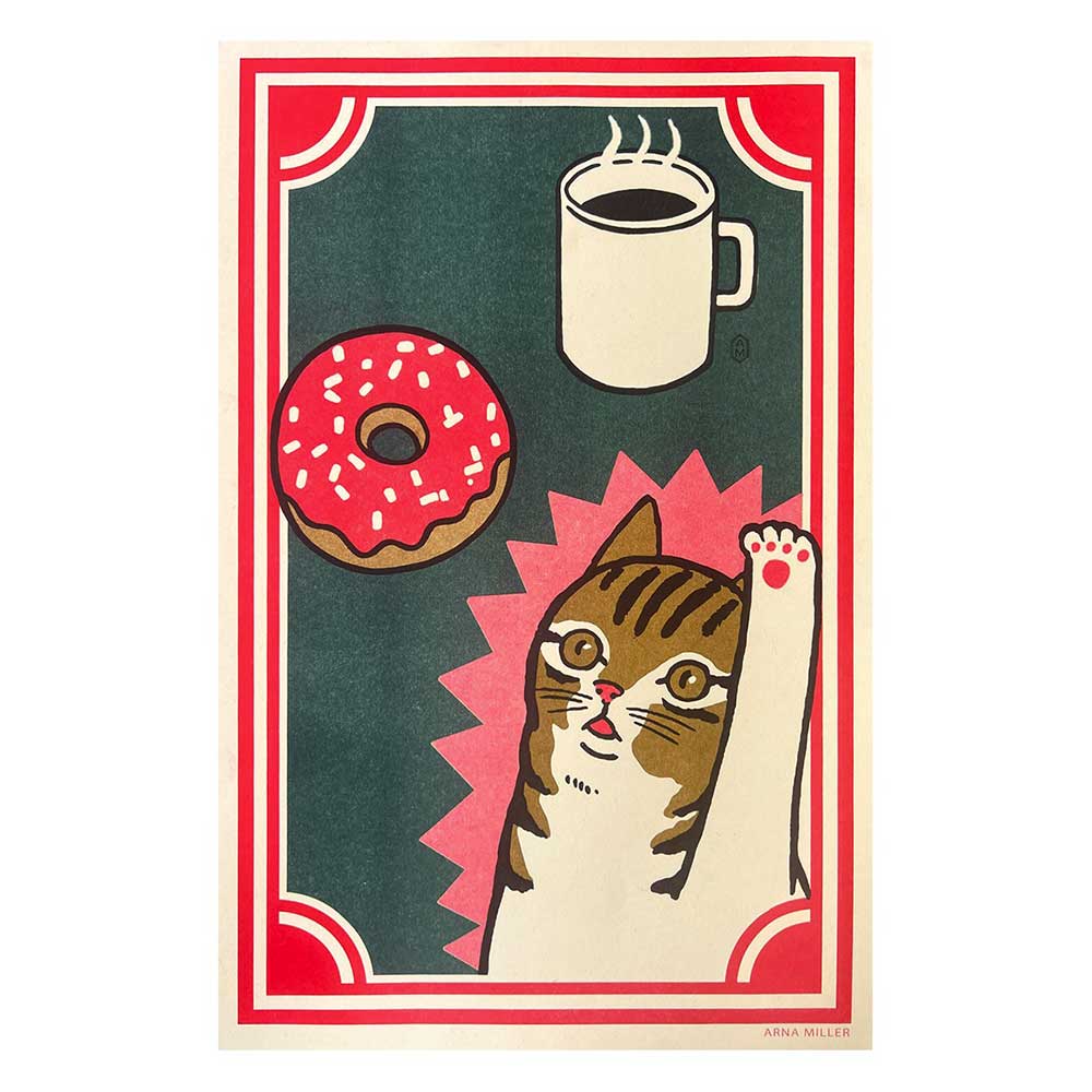 Print of a tabby cat reaching for a doughnut beneath a cup of coffee