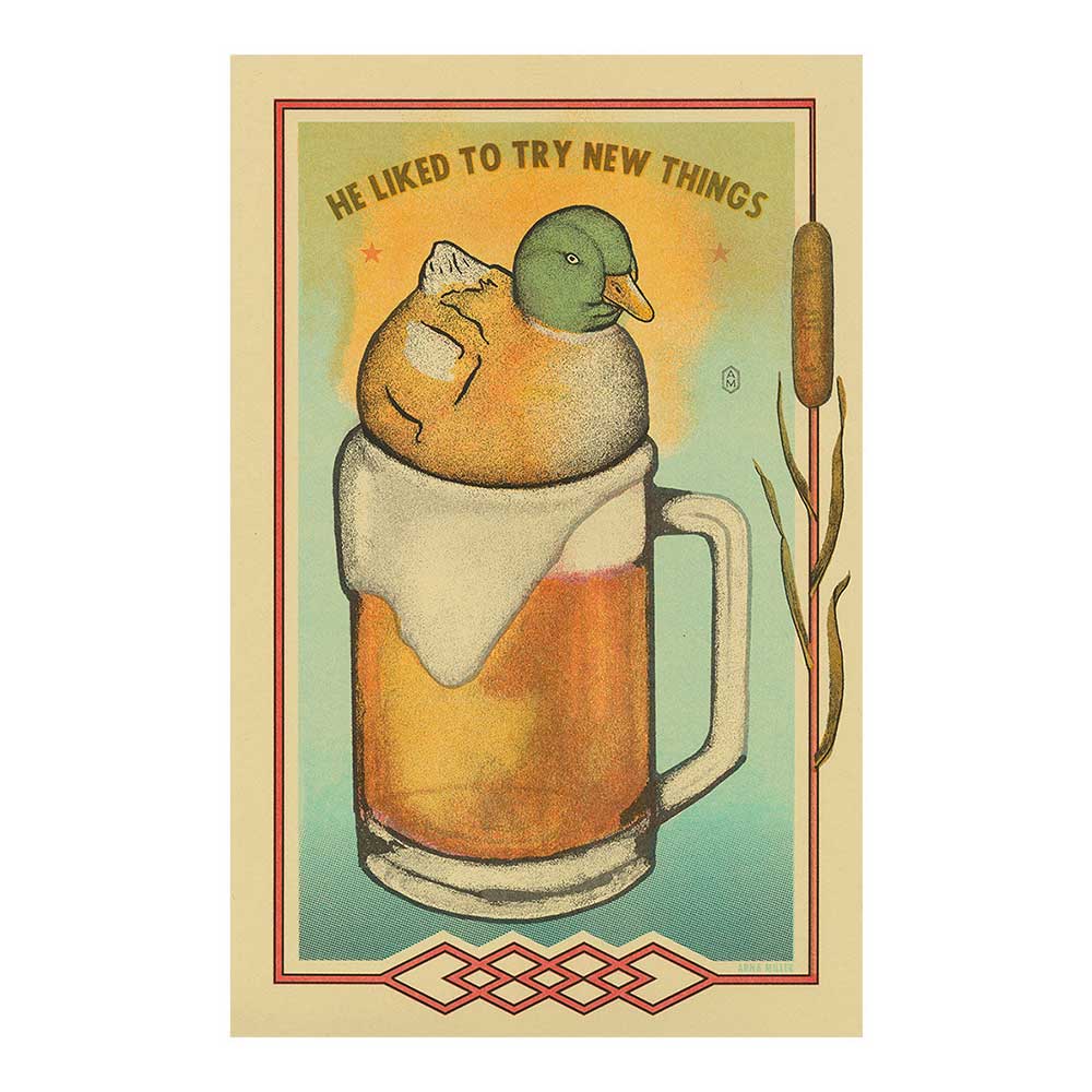 Risograph print of a duck sitting in a frothy pint of beer: He liked to try new things
