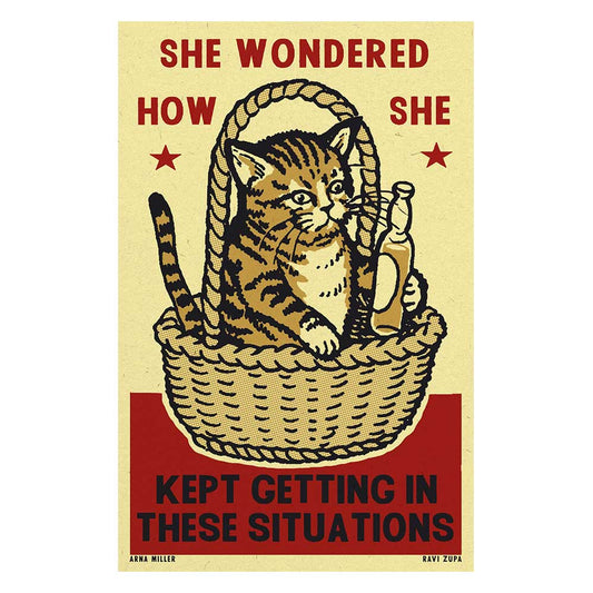 Print of a tabby cat in a picnic basket: She wondered how she kept getting into these situations