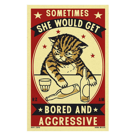 Print of a tabby cat knocking bottles off a bar: Sometimes she would get bored and aggressive