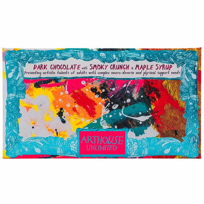 Arthouse Unlimited dark chocolate with smoky crunch and maple syrup bar with an abstract painted wrapper