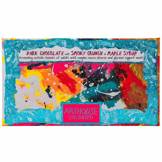 Arthouse Unlimited dark chocolate with smoky crunch and maple syrup bar with an abstract painted wrapper
