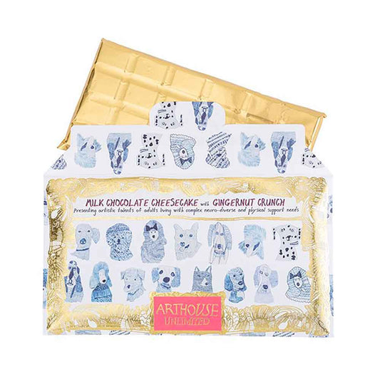 Arthouse Unlimited 'Blue Dogs' milk chocolate cheesecake with gingernut crunch, in packaging illustrated with blue dogs
