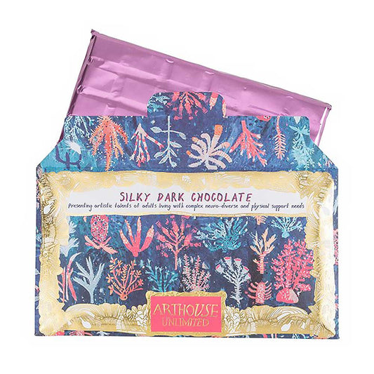 Arthouse Unlimited silky dark chocolate bar with a coral reef wrapper and pink foil