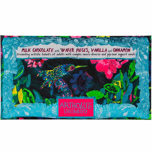 Arthouse Unlimited milk chocolate with wafer pieces, vanilla and cinnamon bar with a hummingbird wrapper