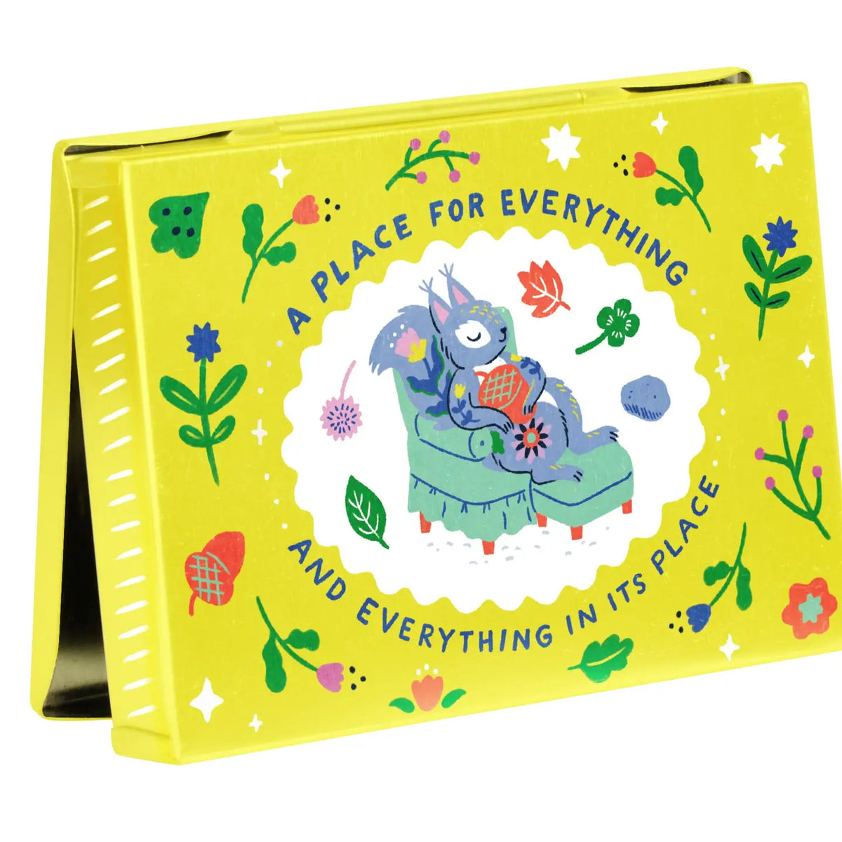 Pocket box open, with 'A place for everything and everything in its place'
