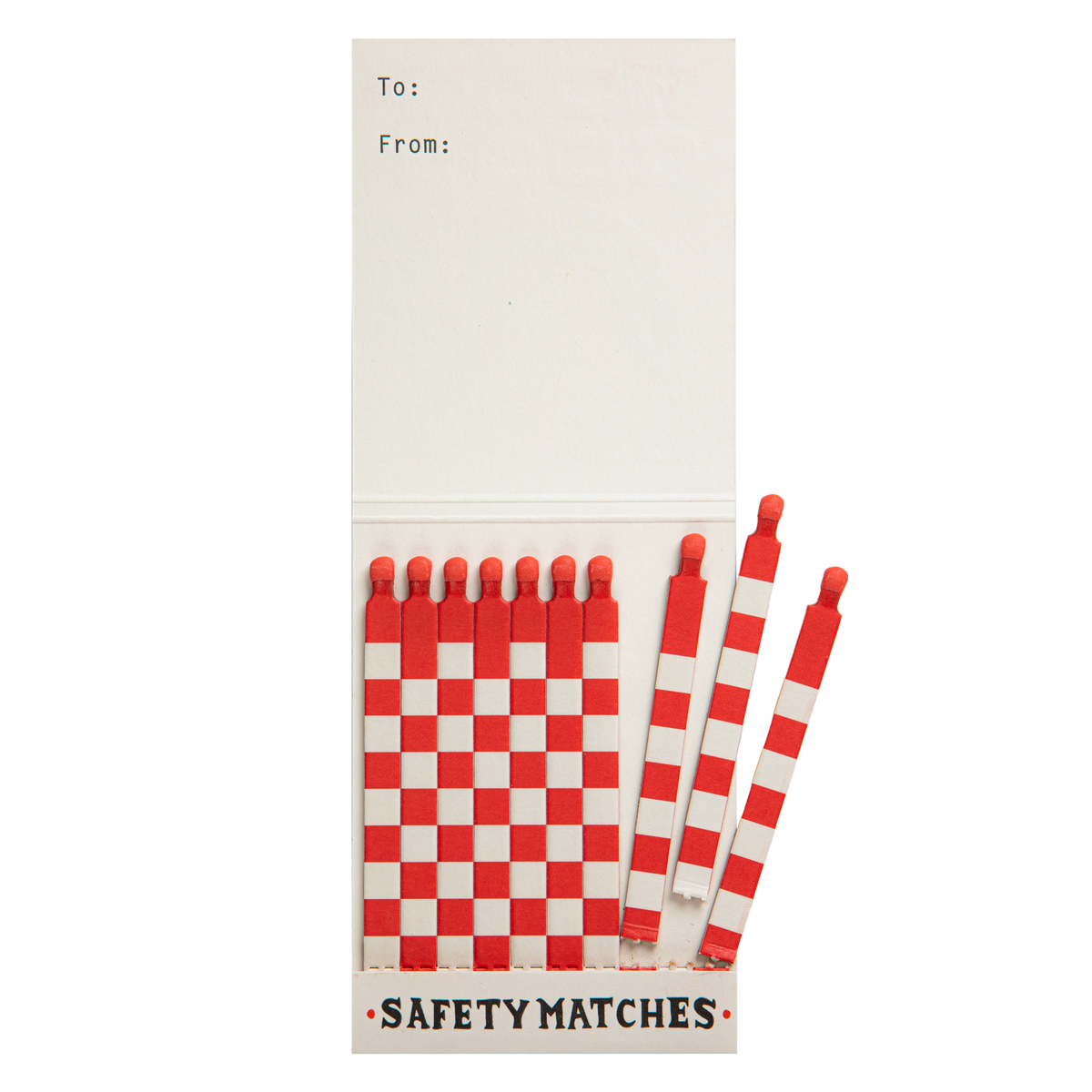 Inside the Good Luck match book with red and white matches and a To/From space