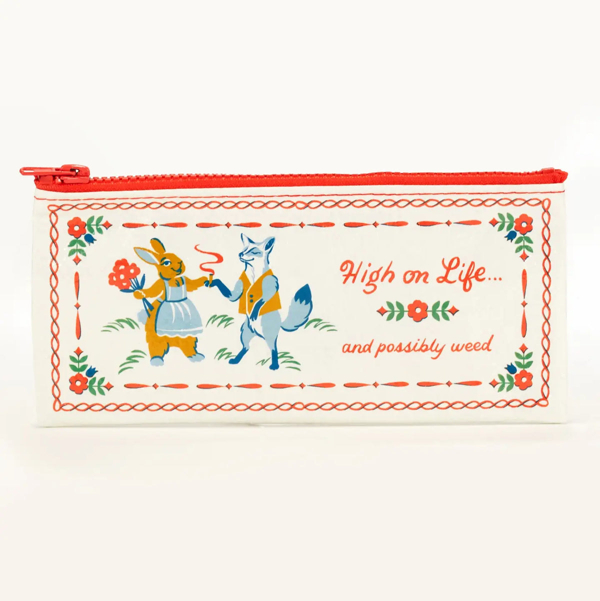 Blue Q pencil case: two folk-art foxes dancing, with 'High on life… and possibly weed'