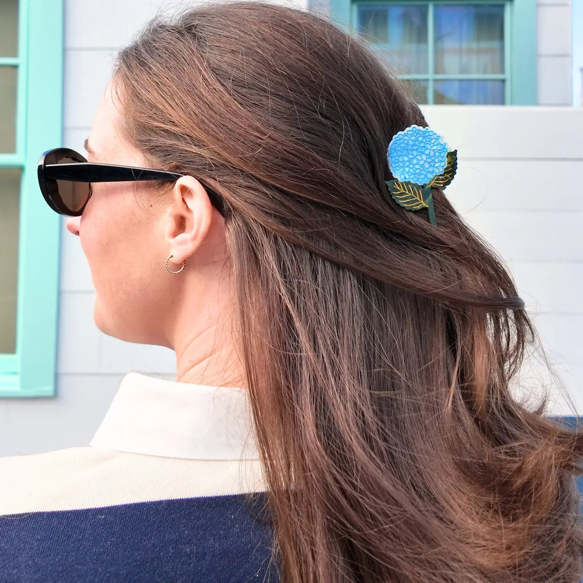 Hydrangea claw clip in long brown hair