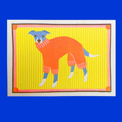 Naomi Wilkinson A5 mini print: an Italian greyhound in an orange jumper on yellow stripes