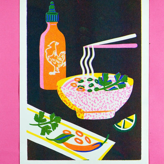 Naomi Wilkinson A4 riso print: a bowl of noodles with chopsticks and a sriracha bottle