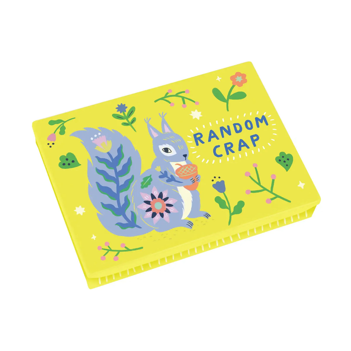 Blue Q yellow pocket box: a squirrel with 'Random crap'