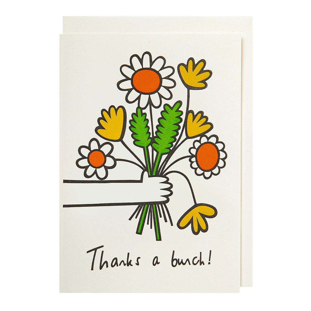 Archivist card by Jane Foster: a hand holding a bunch of colourful flowers, with 'Thanks a bunch!'