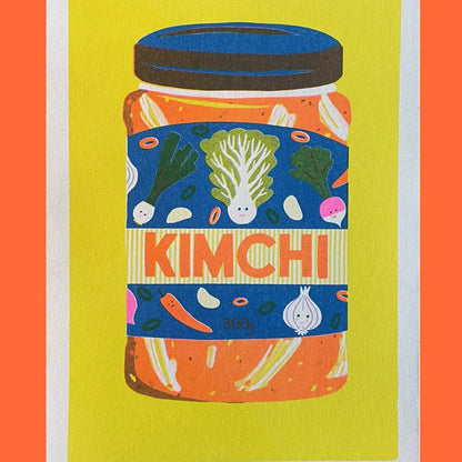 Naomi Wilkinson A5 print: a jar of kimchi with smiling vegetables, on yellow