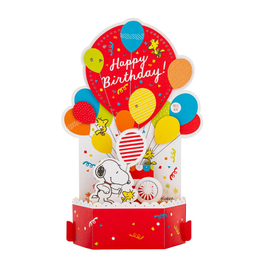 Peanuts pop-up birthday card: Snoopy and Woodstock with a big bunch of balloons and 'Happy birthday!'