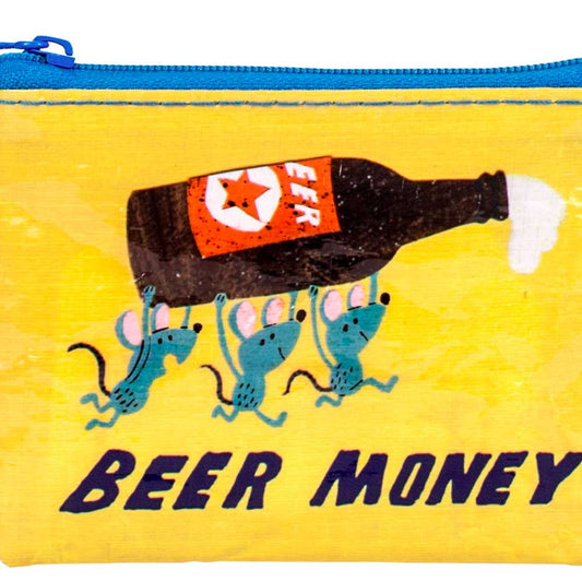 Yellow coin purse with three mice carrying a beer bottle: Beer money