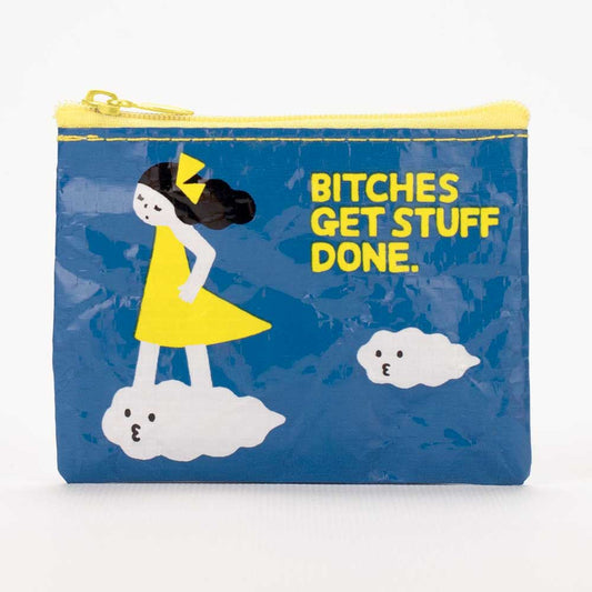 Blue coin purse with a girl in a yellow dress on a cloud: Bitches get stuff done.