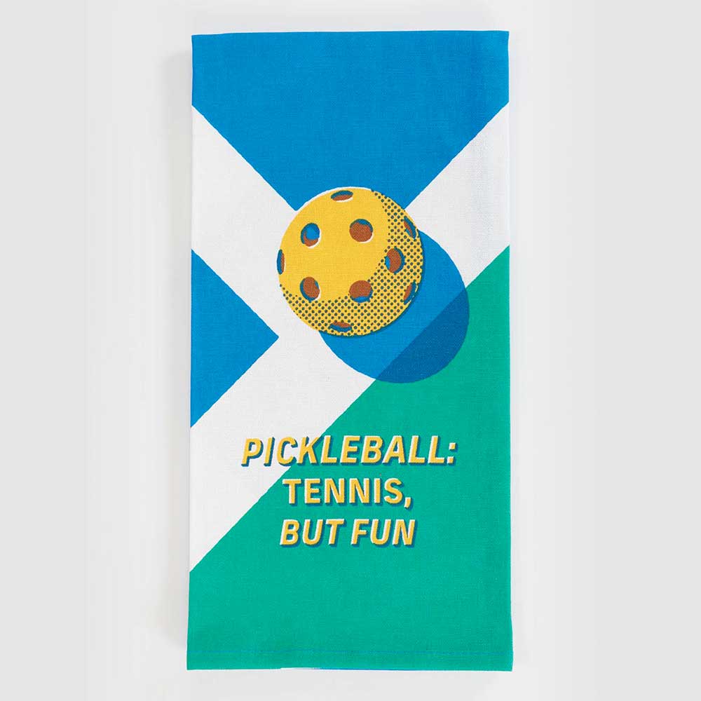 Blue Q tea towel: a pickleball with 'Pickleball: tennis, but fun'
