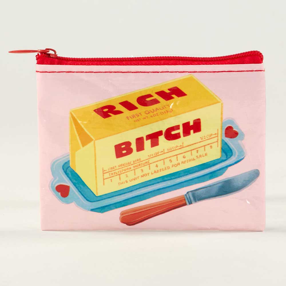 Blue Q coin purse: a block of butter labelled 'Rich bitch' with a butter knife, on pink