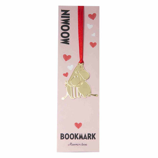 Moomin Love bookmark: gold cut-out Moomins on a red ribbon, on its pink heart-print card