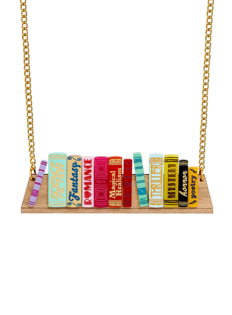 Tatty Devine bookshelf necklace: a wooden shelf of colourful books
