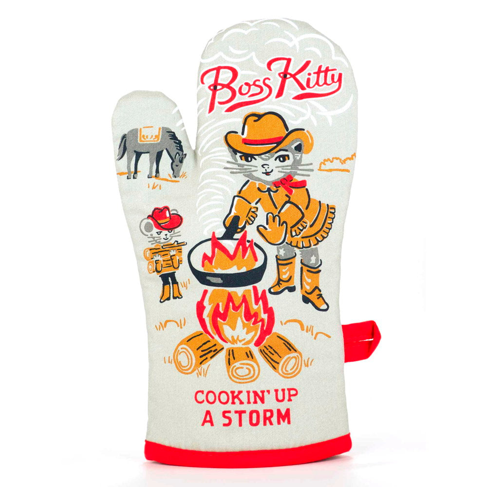 Oven mitt with a cowboy cat cooking over a campfire: Boss Kitty, cookin' up a storm