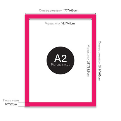 Bright pink A2 picture frame with dimensions shown