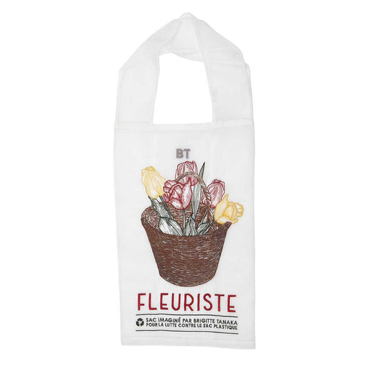 White organza Fleuriste shopping bag printed with a basket of tulips and the initials BT