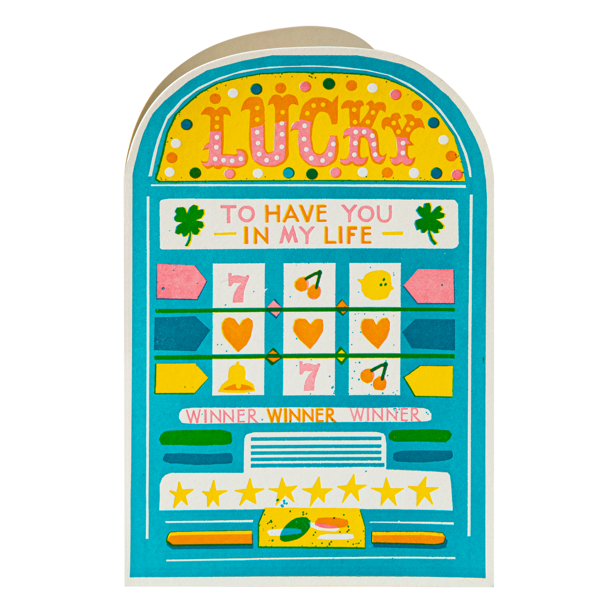 Lucky slot machine card standing up