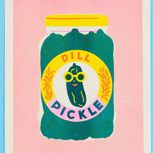 Naomi Wilkinson A4 print: a jar of dill pickles with a pickle in sunglasses, on pink