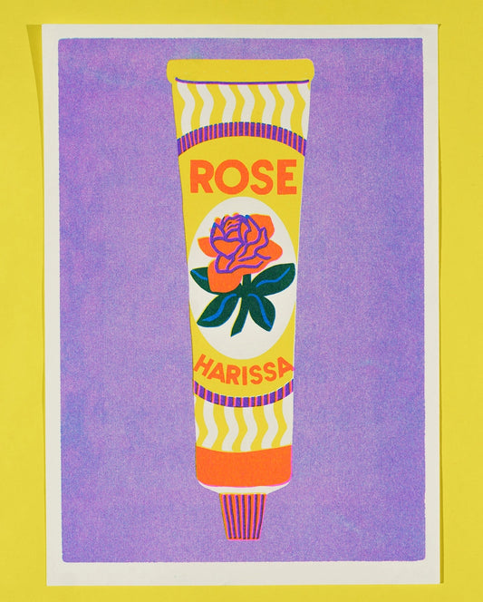 Naomi Wilkinson A4 riso print: a tube of rose harissa with a rose on the label, on purple