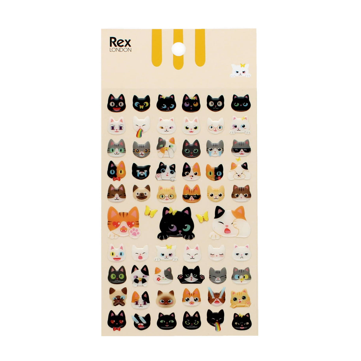 Sheet of 3D cat face stickers on its card