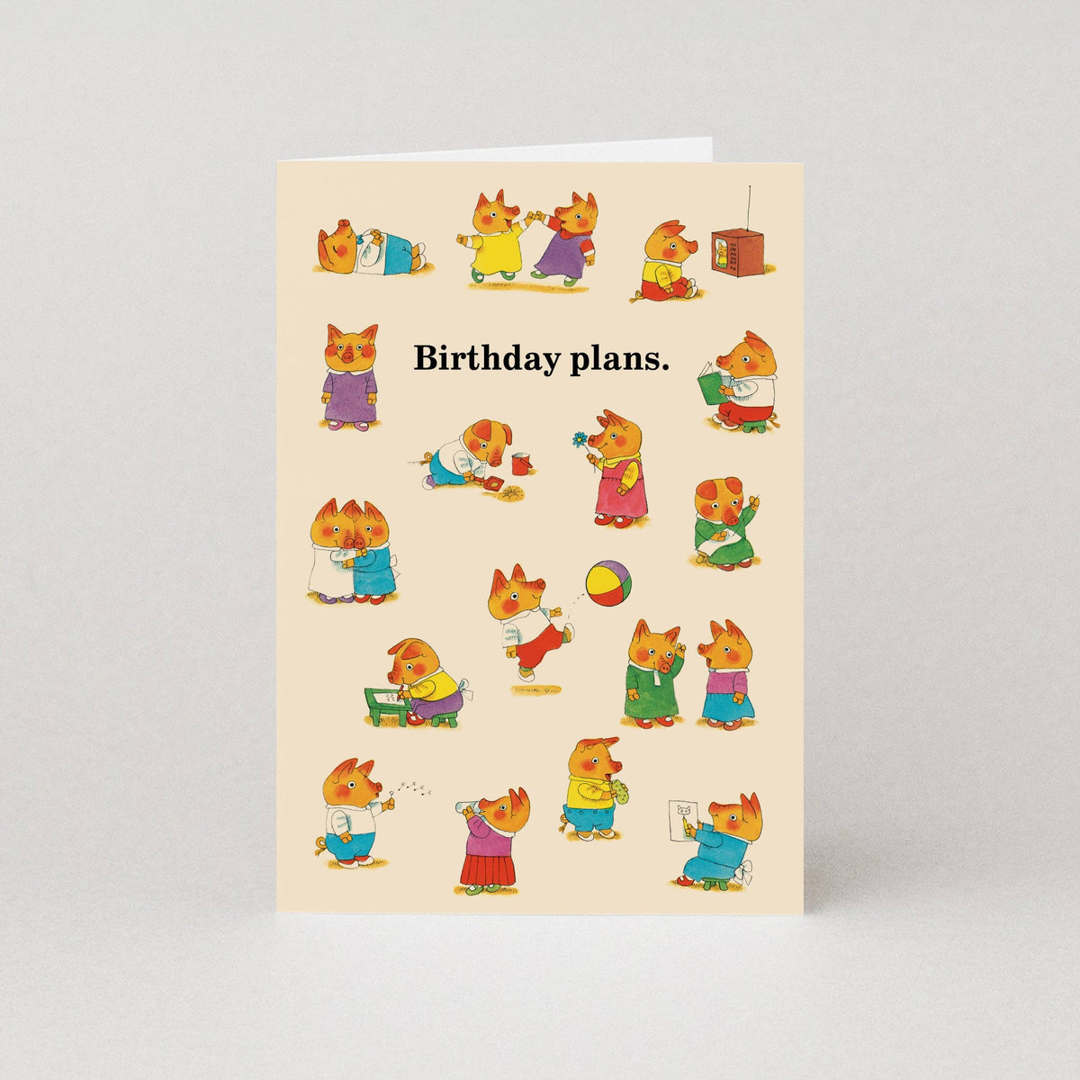 Richard Scarry card with cats getting ready for a party: Birthday plans.