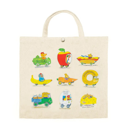 Richard Scarry Busytown canvas bag printed with fruit and vegetable cars
