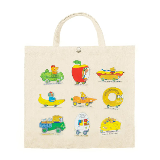 Richard Scarry Busytown canvas bag printed with fruit and vegetable cars