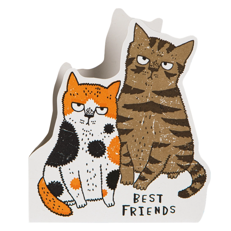 Archivist cut-out card shaped like a grumpy calico cat and a tabby cat side by side, with 'Best friends'