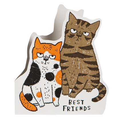Archivist cut-out card shaped like a grumpy calico cat and a tabby cat side by side, with 'Best friends'