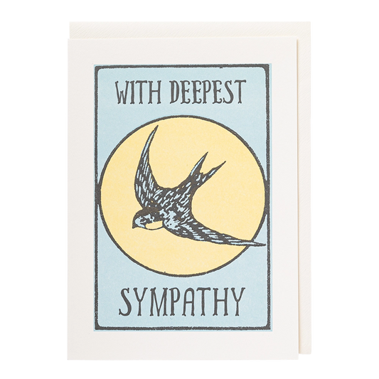 Archivist letterpress card: a swallow on a yellow moon, with 'With deepest sympathy'